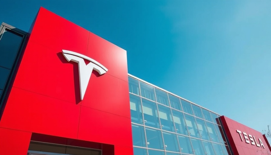 Tesla logo on building facade related to lawsuit settlement.
