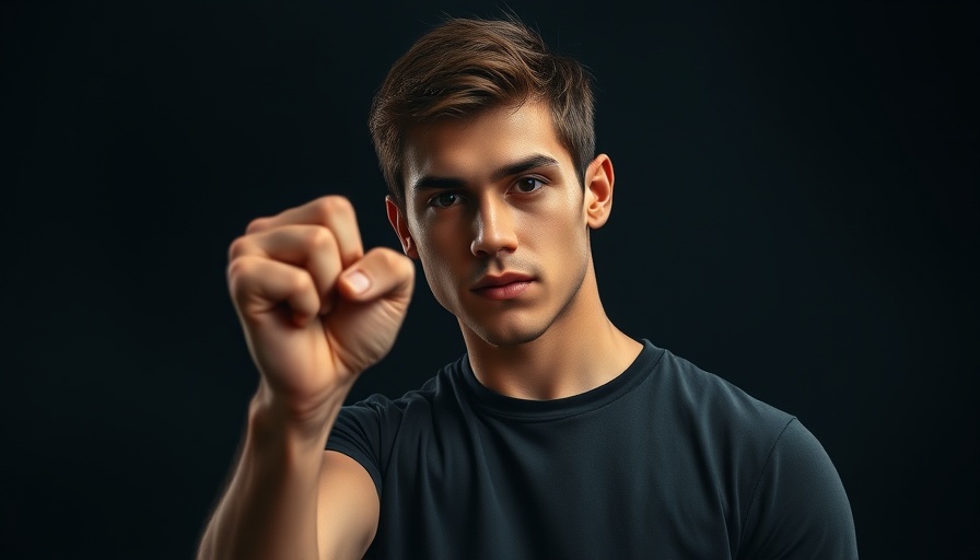 Confident young man raises fist with poised gesture.