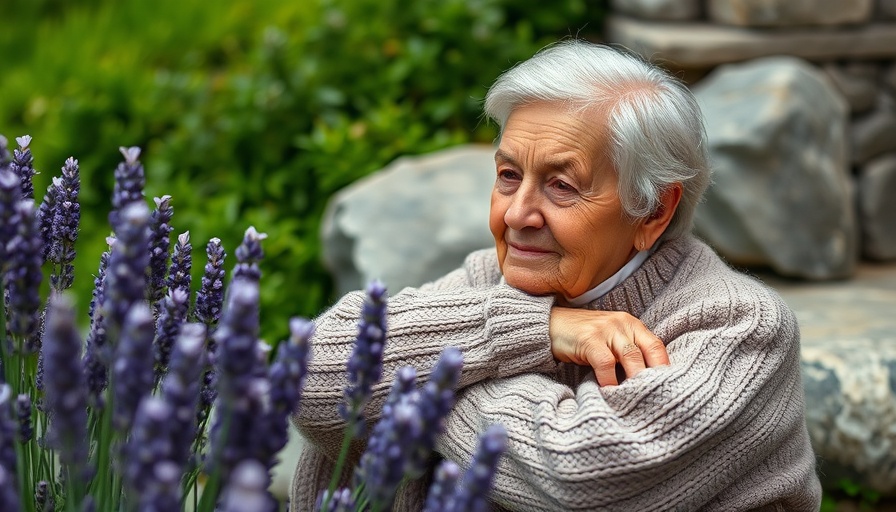 Elderly person in sweater resting in flower field.