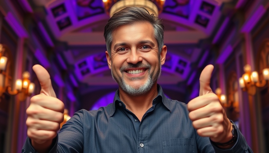 Confident man in ornate setting with purple lighting, smiles and gestures.