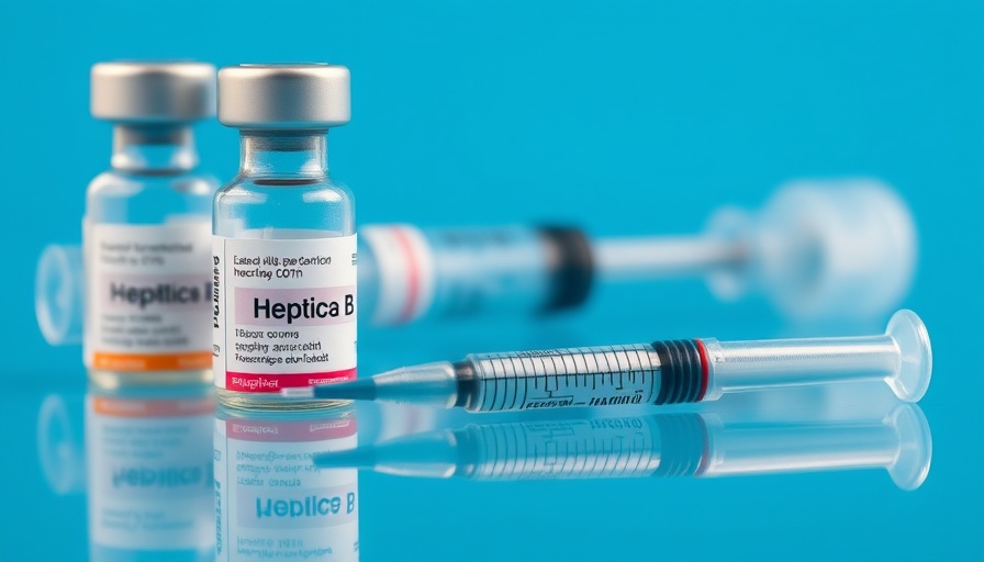 Close-up of Hepatitis B vaccine vials with syringe reflecting on a glossy surface.