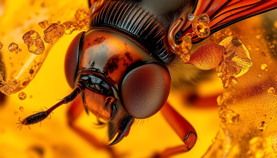 Preserved insect in amber, close-up macro shot, ancient Amazon rainforest.