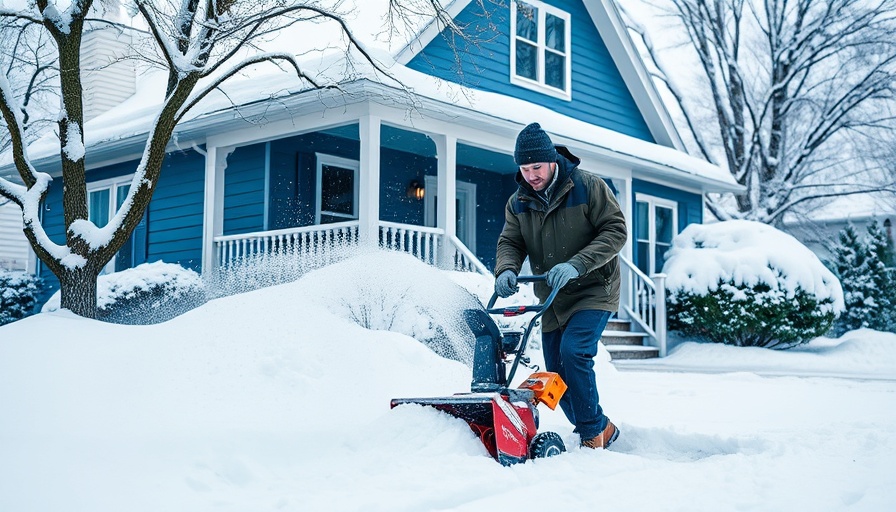 Man snowblowing in front of blue house during winter, illustrating home security checklist for fall and winter.