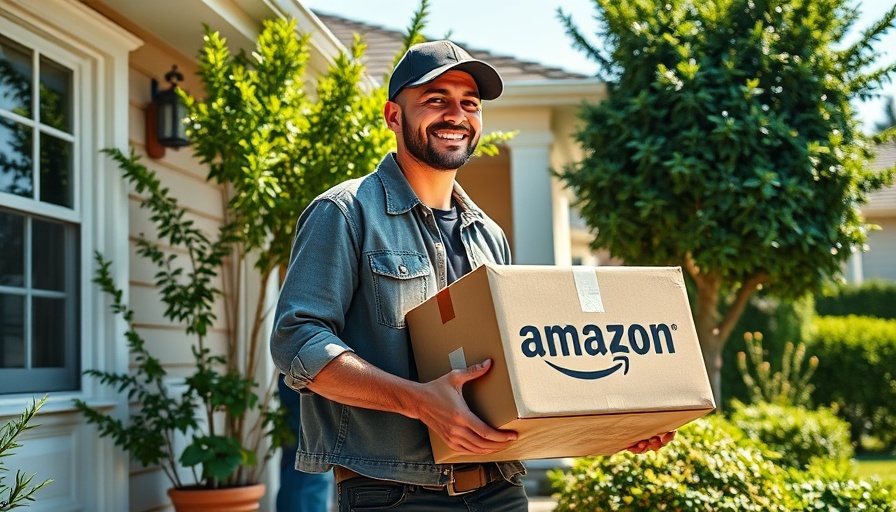 Delivery person with Amazon package on a sunny suburban porch.