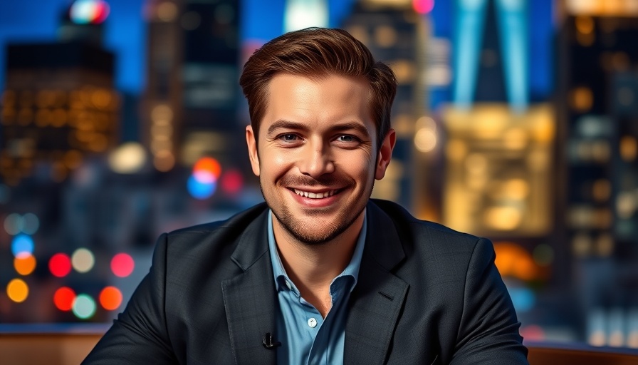 Charismatic TV host in a suit, celebrity news today backdrop.