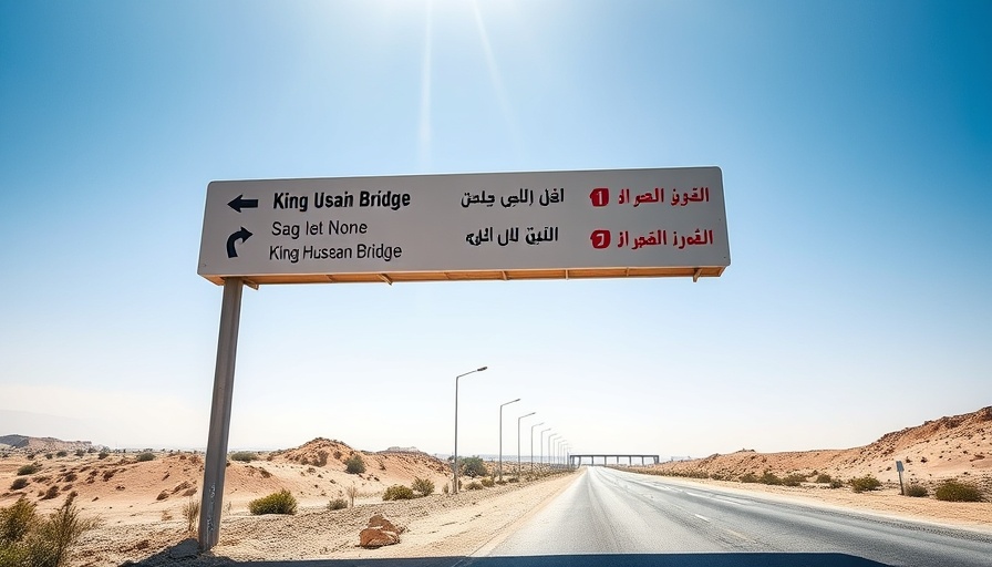 Sign at Allenby Bridge border crossing, clear blue sky.