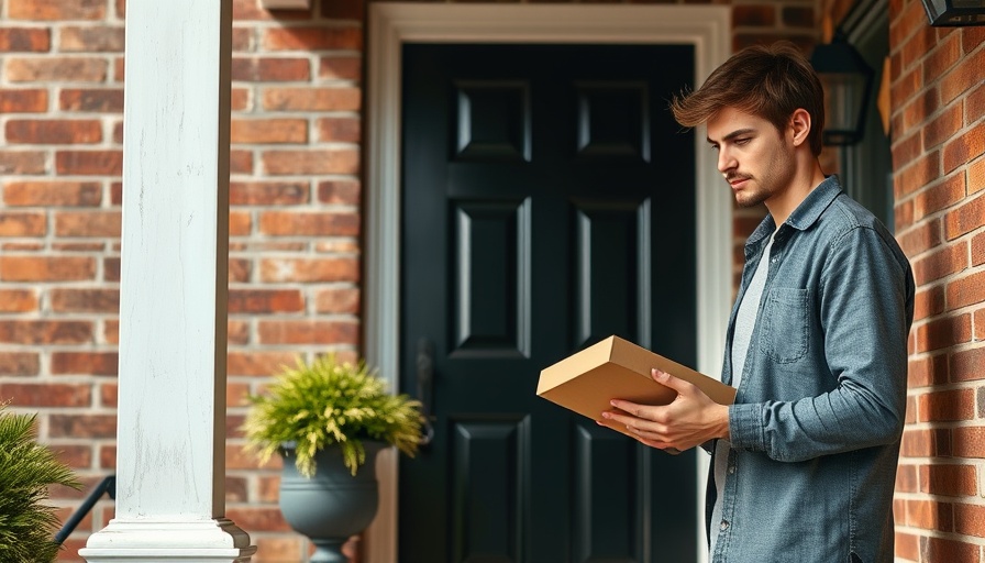 Cautious man checking package on porch in top cities for package theft.