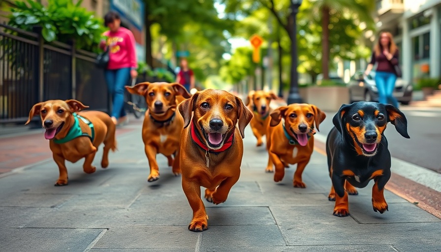 Group of dogs including dachshunds walking on city street, showcasing dachshund popularity trend.