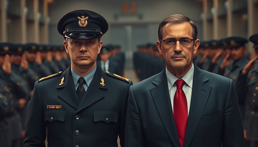 Urgent military meeting with officer and suited man amidst saluting soldiers.