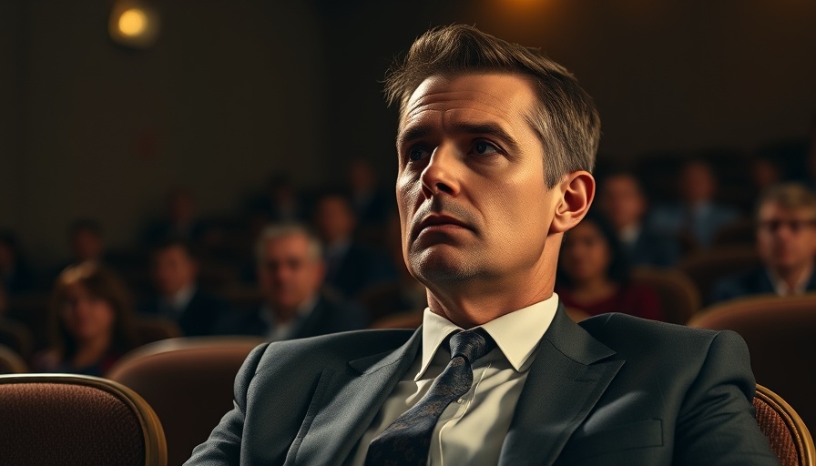 Serious man in a suit pondering in a dimly lit setting.