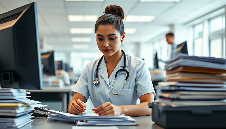 Healthcare worker managing documents at a hospital desk.