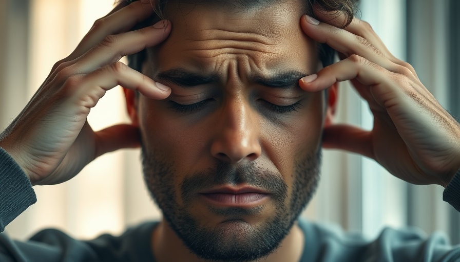 Man blocking pain without side effects, holding temples.