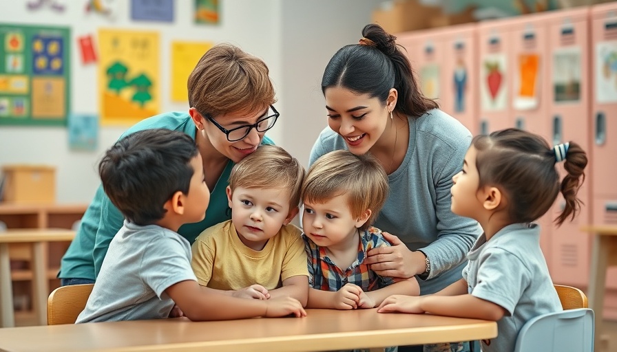 Adults comforting children in preschool, separation anxiety evident.