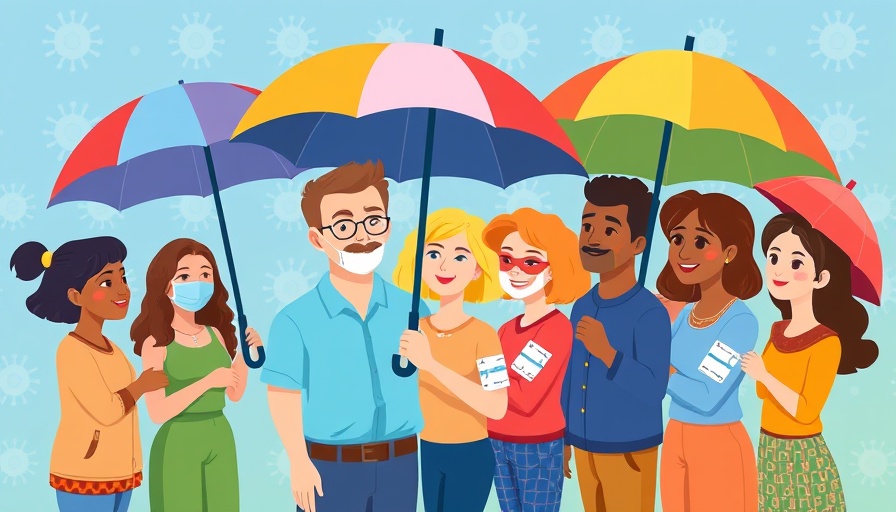 Illustration of diverse group under umbrellas highlighting seasonal influenza vaccination