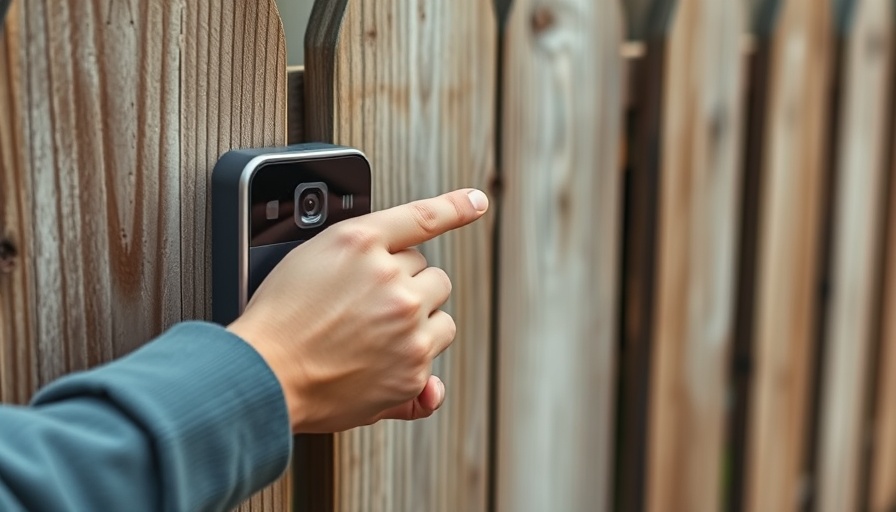 Hand pressing video doorbell on wooden fence for security.