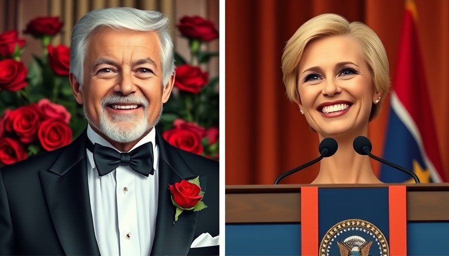 Celebrity news today with two well-dressed individuals smiling.