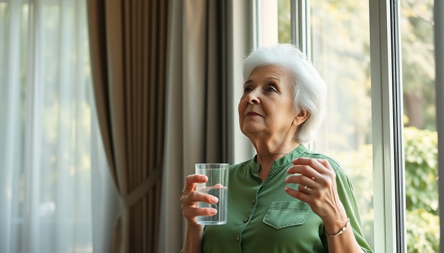Elderly woman with water before flu shot, serene light.