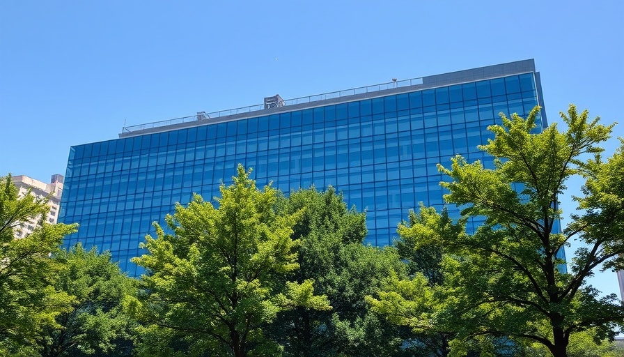 Glass-fronted building with trees in an urban setting for France One Global Health Forum.