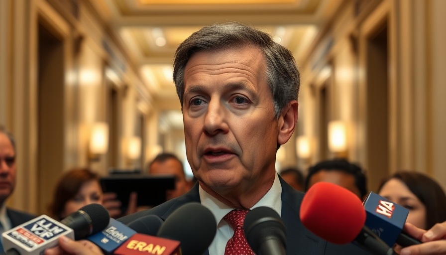 Mature man speaking to reporters in a hallway, serious expression.