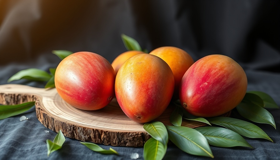 Ripe mangoes with leaves on wooden board for diabetes prevention.
