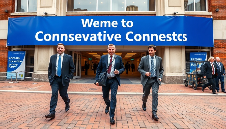 Conservatives public spending cuts conference banner with two men walking