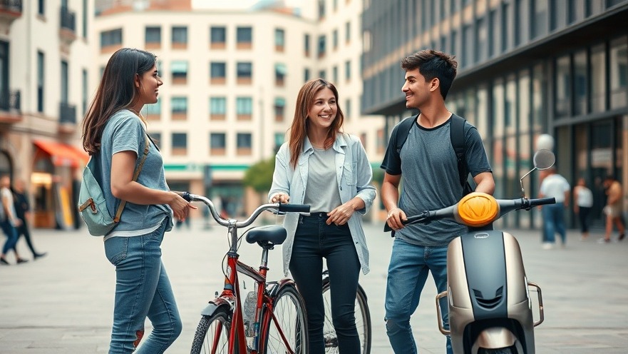 Casual young adults discussing commuting alternatives with bicycles and scooters in an urban plaza.