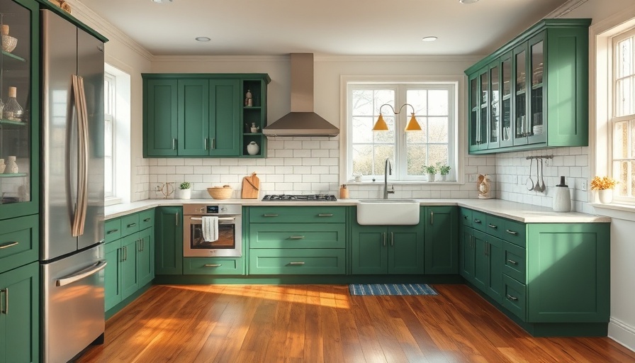 Forest green painted cabinets in a cozy, well-organized kitchen.