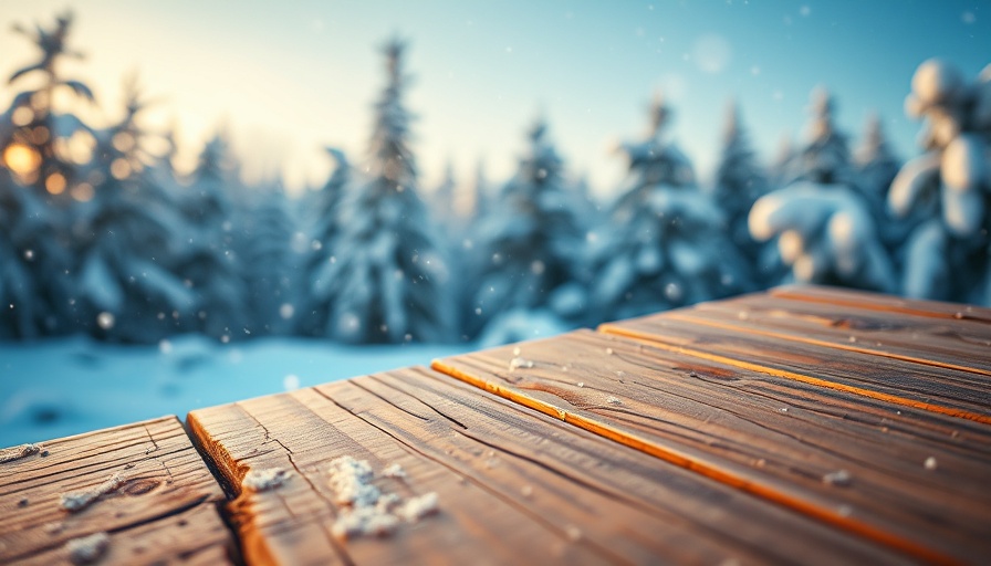 Warm wooden surface with snowy background and falling snowflakes.