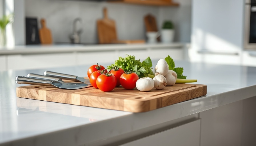 Modern kitchen with knives, vegetables, and countertop.