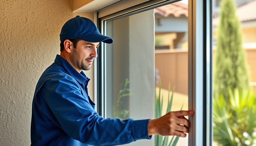 Worker in blue uniform removing window screen in daylight.