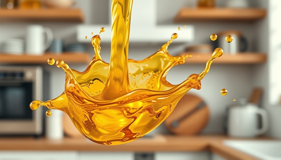 Golden oil splash in a kitchen, illustrating Tung Oil vs Mineral Oil.