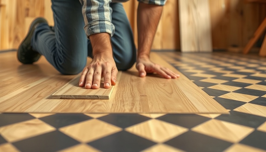 Installing vinyl plank flooring over linoleum in workshop.