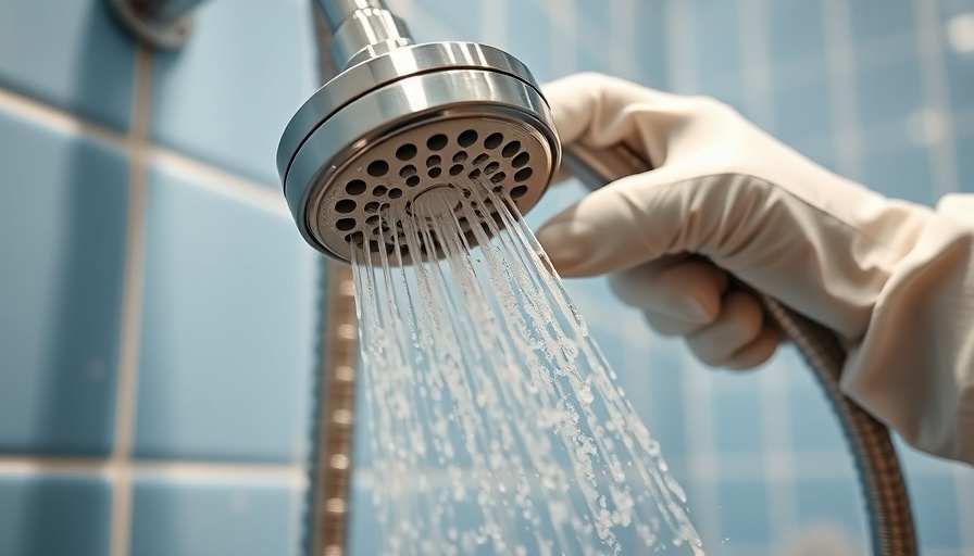 Cleaning a shower head with spray cleaner against tiled wall.