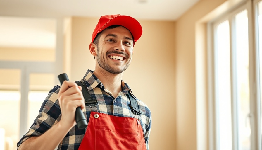 Young man smiles holding a paint roller, ready to paint a wall mural.