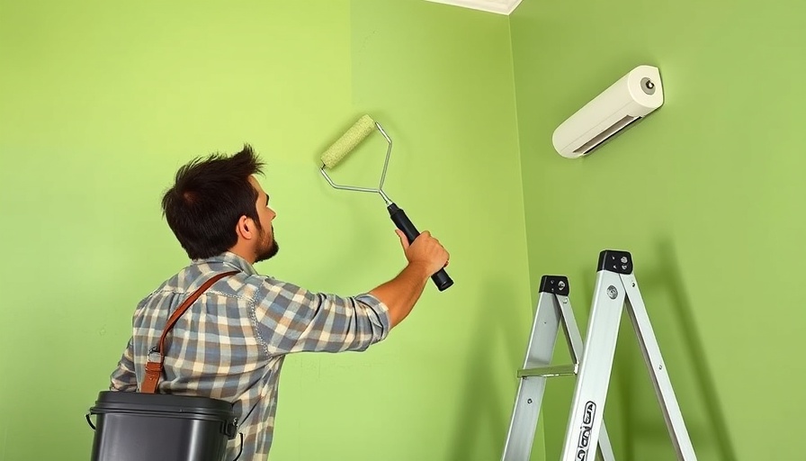 Person painting green wall with roller beside ladder bucket.