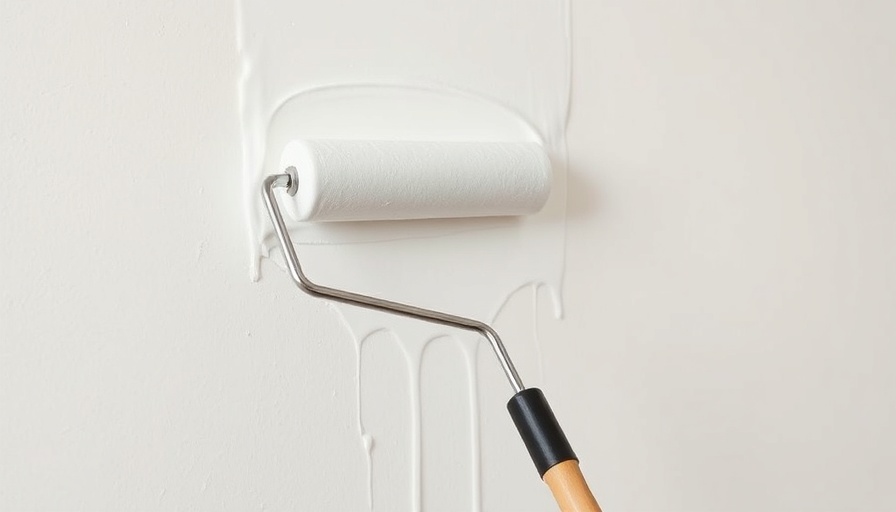 Paint roller applying white paint and primer in one on wall.