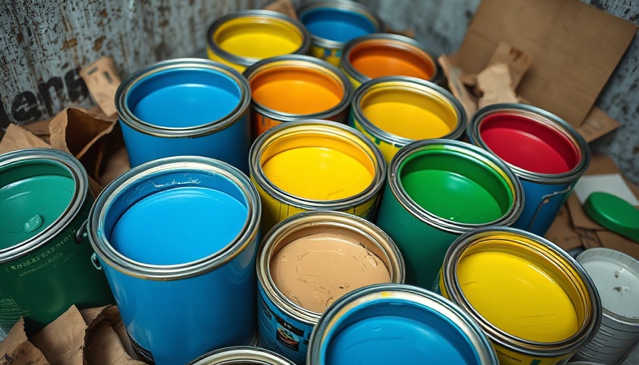 Open paint cans with various colors for environmentally safe disposal.