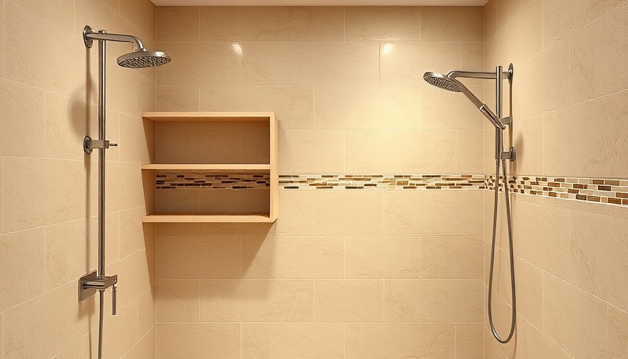 Modern shower with corner shelves and mosaic accent tiles.