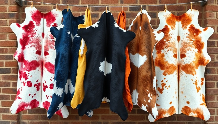 Colorful cowhide rugs displayed against a brick wall for cleaning tips.