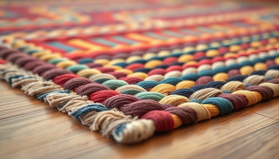 Colorful braided rug on wooden floor, photorealistic detail.