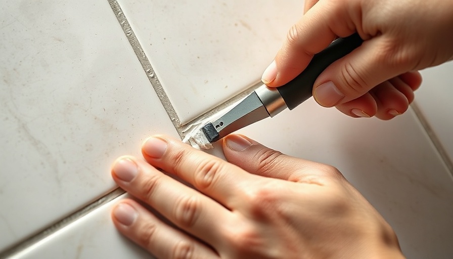 Hands demonstrating how to remove grout from tiles using a tool.