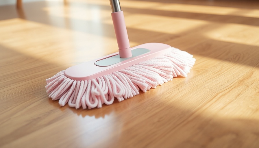 Soft pink mop cleaning glossy vinyl plank flooring, highlighting cleanliness.