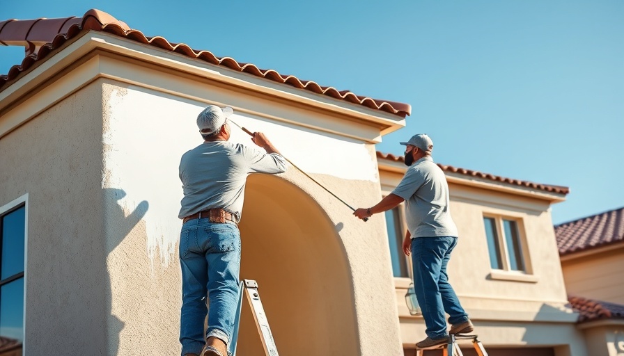 Painter repainting a home in Temecula's climate, beige stucco house.