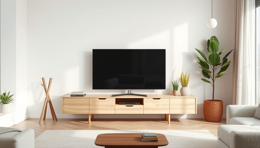 Stylish TV lift cabinet in modern living room with plants.