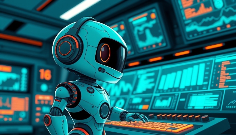 Cute teal robot at futuristic control panel with glowing screens.