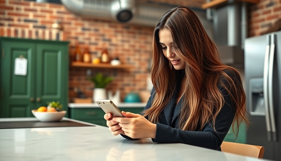 Homeowners insurance without inspection: woman using smartphone in kitchen.