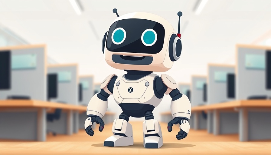 Minimalistic robot in office cubicle setting, AI-powered mini PC productivity