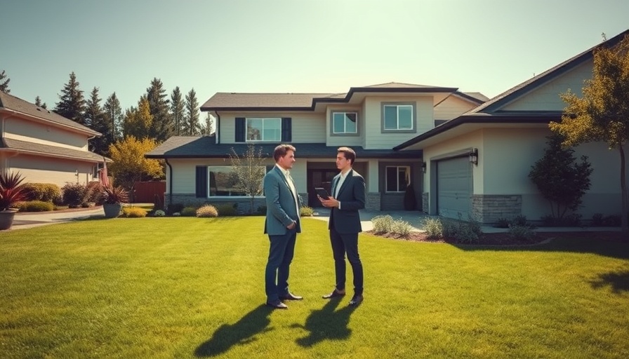 Aerial view of real estate agent with clients outside a suburban home.