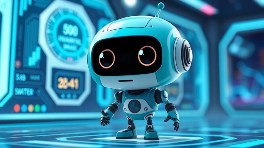 Cartoon robot in futuristic tech setting, exploring digital world