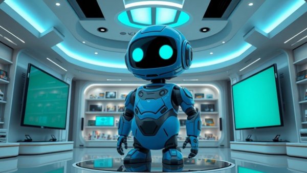 Cartoon robot in futuristic store with high-tech screens, Sony BRAVIA 5 TV features.